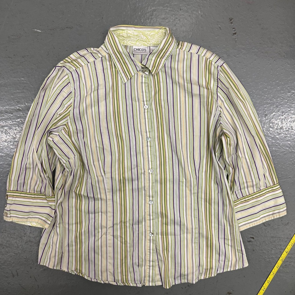 Chicos Womens Button Up Shirt Size 2 Multicolor Striped Preowned 3/4 Sleeve